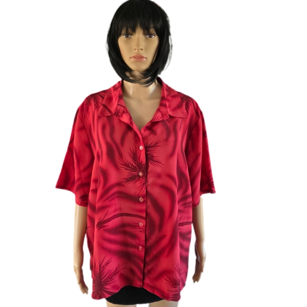 Penningtons Button Up Red Tropical Print Hawaiian Blouse, Plus Size